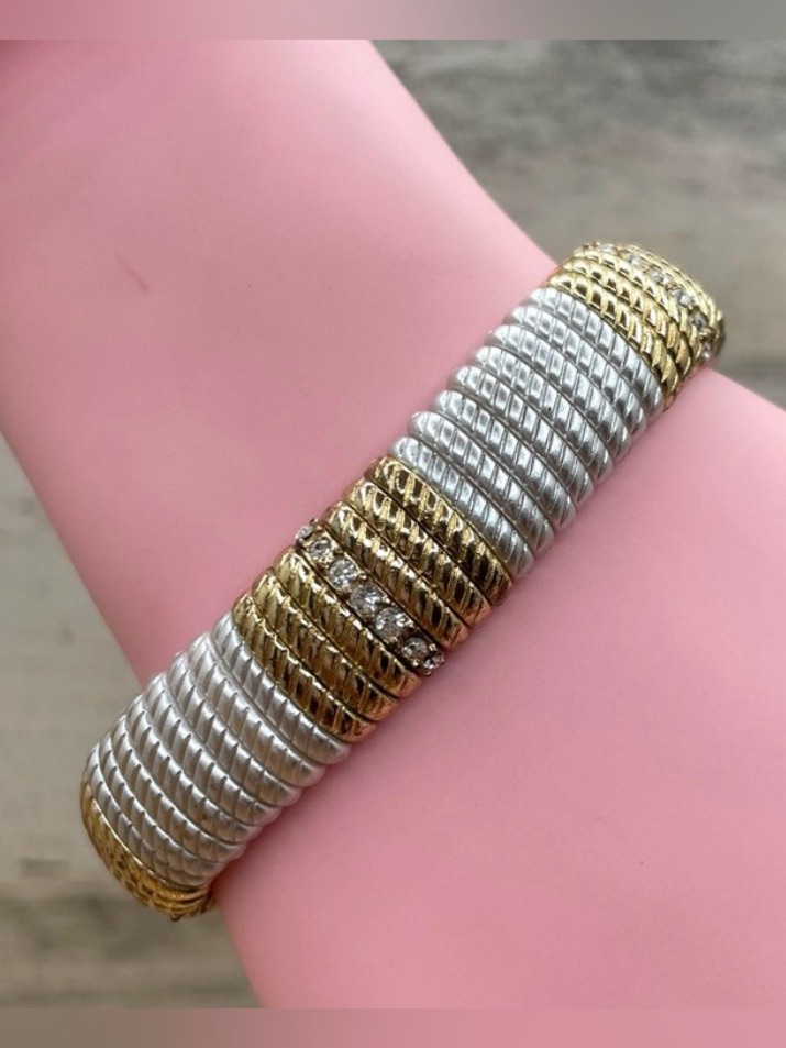 Beautiful Unsigned Gold Silver Tone Rhinestone Stretch Bracelet
